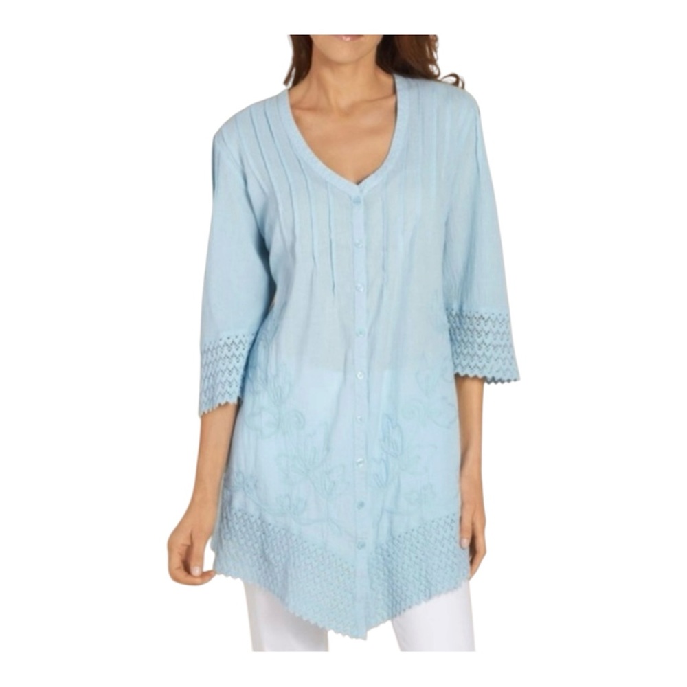 Soft Surroundings Cotton Tunic Top in Blue. Button Front,Crochet Detail. Sz 1X